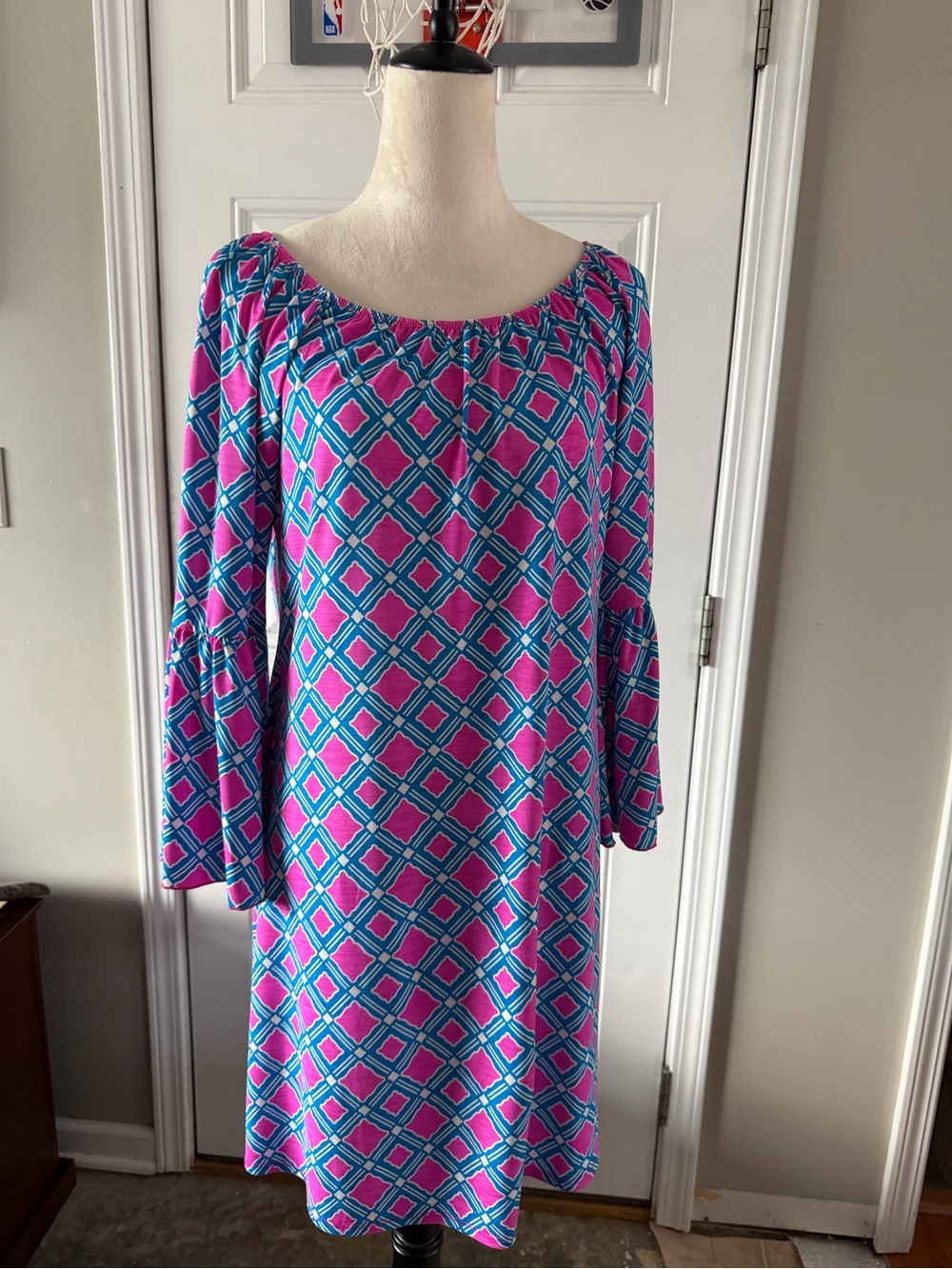 September Pink & Blue Geometric Long-Sleeve Off-Shoulder Dress size Medium